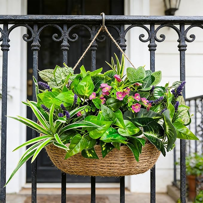 24 Pcs Artificial Plants for Outdoors Faux Greenery Leaves UV Resistant Realistic Plastic Large Bunches Shrubs Bushes with Flowers, Fake Plants Decor Outdoor for Front Porch Door Patio Garden Yard