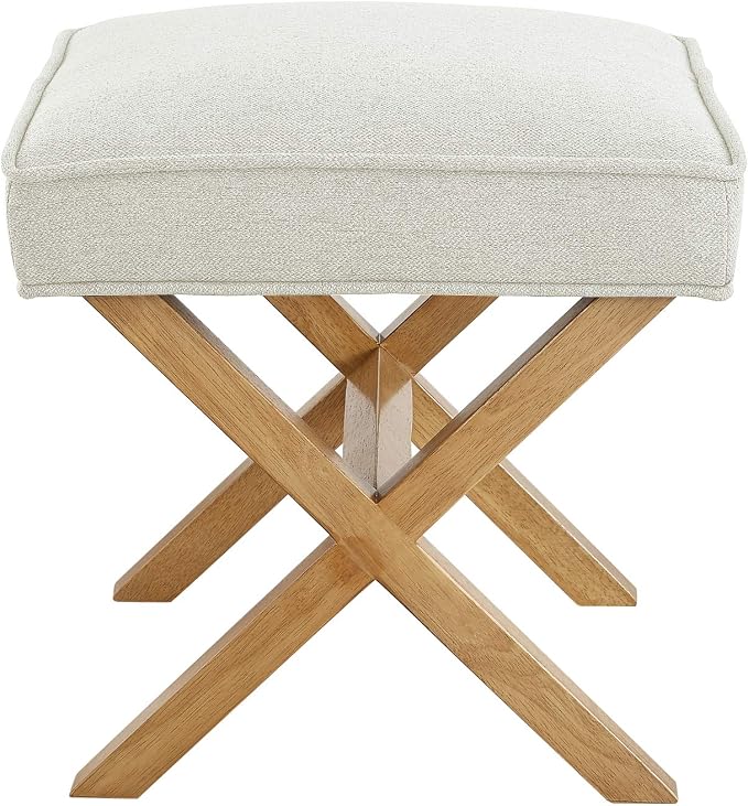 Amazon Basics Small Ottoman Foot Rest, Mid-Century Modern X Square Polyester Foot Stool, Linen, Ivory White, 18" D x 19.8" W x 18.3" H