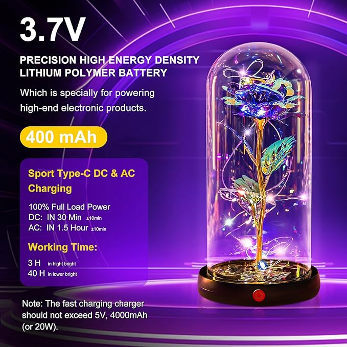 Mothers Day Flowers Gifts for Mom Birthday Gift Rechargeable Galaxy Glass Rose in Glass Dome Forever Crystal Rose Flowers Anniversary Mother's Day Roses Gifts for Daughter Wife Women Grandma Purple