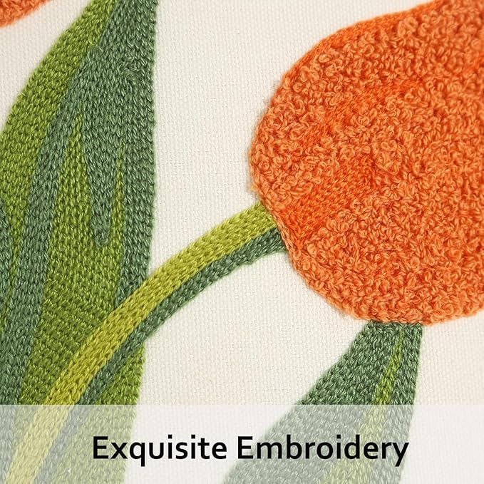 Embroidery Throw Pillow Covers 16x16 inch Pack of 2 Orange Tulip Flower Pillowcases Spring Summer Pillow Covers for Couch Cotton Canvas Cushion Cover Square Farmhouse Floral Decor Pillow Case