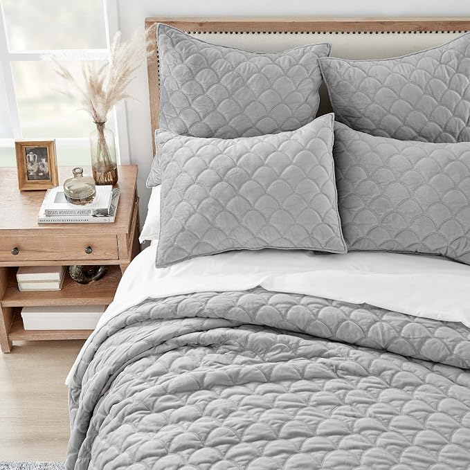 Levtex Home - Light Grey Velvet Quilt Set - King Quilt and Two King Shams - Velvet - Light Grey - Quilt (106x92in.) and Shams (20x36in.) - Reversible - Polyester/Polyester