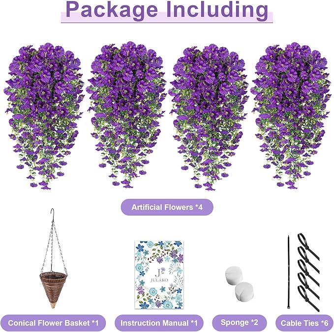Artificial Hanging Flowers with Basket, 480 Blooms UV Resistant Faux Morning Glory Silk Plants, Fast & Easy Assembly Fake Hanging Baskets for Outdoor Porch Patio Garden Decor, Purple