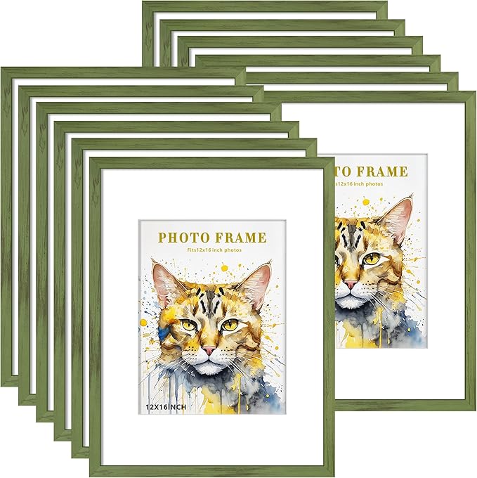 Picrit 12x16 Picture Frame Set of 12, Display 8.5x11 with Mat or 12x16 without Mat, Photo Frames for Wall Mounting Display, Green Wood Grain