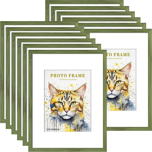 Picrit 12x16 Picture Frame Set of 12, Display 8.5x11 with Mat or 12x16 without Mat, Photo Frames for Wall Mounting Display, Green Wood Grain