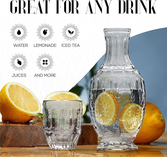 Elle Décor Vintage Bedside Water Carafe with Tumbler – Elegant Pitcher and Matching Drinking Glass Doubles As Lid For Guest Room, Office, or as a Gift, 4.7x10.4, Clear