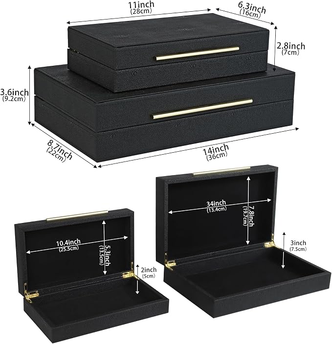 HofferRuffer Faux Leather Decorative Boxes Set of 2, Large Nesting Keepsake Box Accessory Organizer Jewelry Organizer with Hinged Lid, Stacking Storage Box Container for Home or Office (Black)