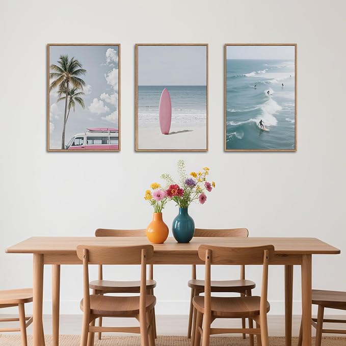 SIKERIC Large Beach Seascape Framed Canvas Wall Art Set of 3, Palm Tree Surfboard Wall Decor, Relax Summer Ocean Surfing Artwork, Modern Coastal Landscapel Art Print for Living Room, Bedroom -16x24
