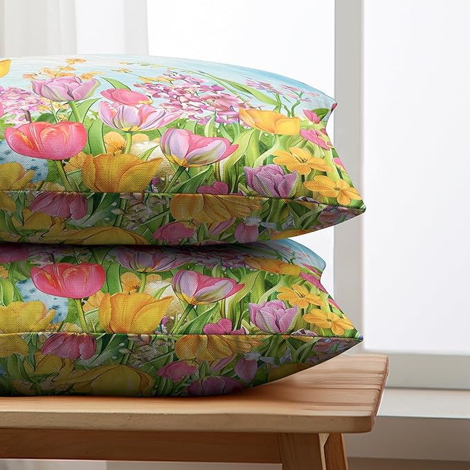 Tulip Lumbar Pillow Covers 12x20 Set of 2 Spring Throw Pillow Covers Pink Yellow Tulip Floral Outdoor Pillowcase Watercolor Cotton Linen Cushion Case for Sofa Outdoor Patio