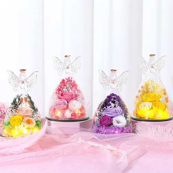 Mothers Day Rose Gifts for Women Preserved Real Flower in Glass Angel Figurines Roses for Delivery Prime Birthday Gifts for Mom Grandma Girlfriend Wife Her, Champagne Austin Roses