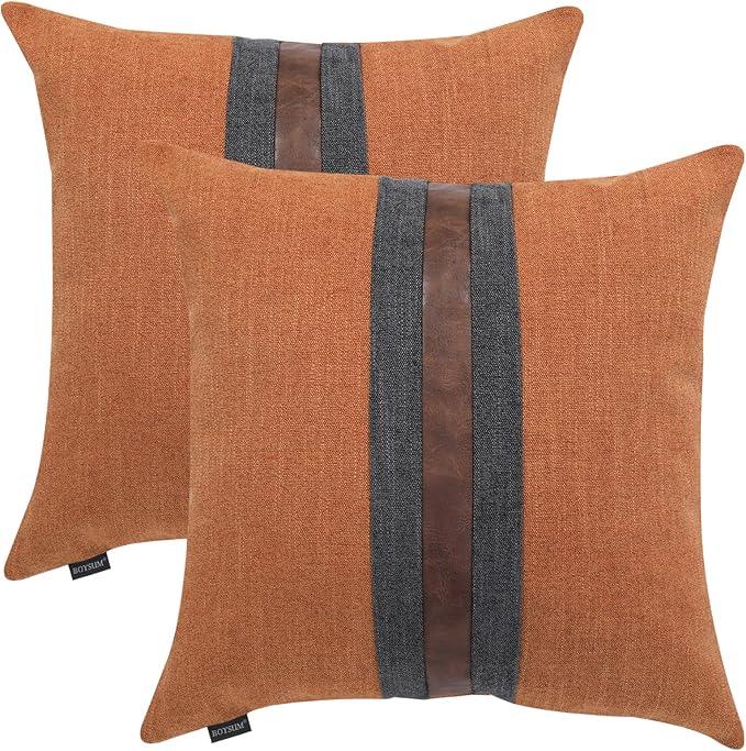 BOYSUM Set of 2 Leather Throw Pillow Covers Cotton Linen Decor Patchwork Pillow Cover Faux Leather Pillows Cover for Couch Sofa Living Room Bedroom,Orange 18"x18"