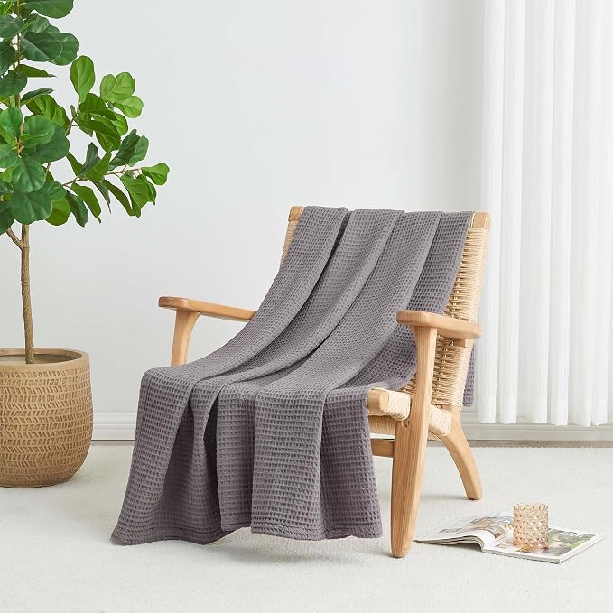 100% Cotton Dark Grey Blanket King Size for Bed - Breathable and Soft, Waffle Weave for Summer Spring, 102x90 Inches.