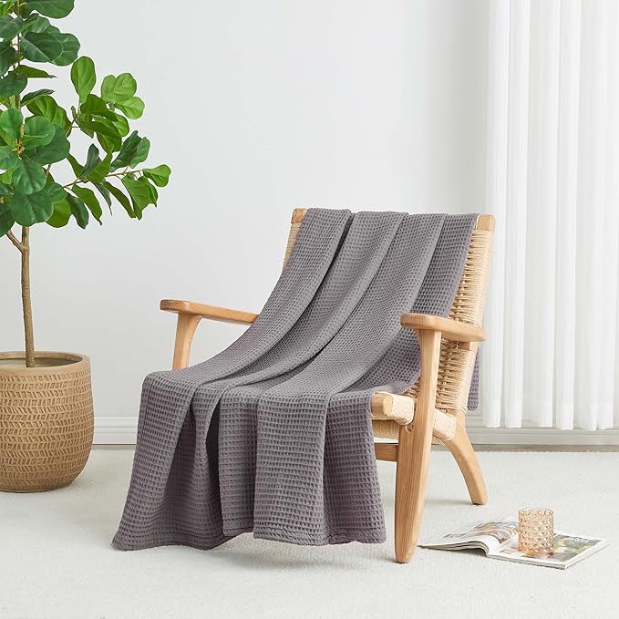 100% Cotton Dark Grey Blanket Twin Size for Bed - Breathable and Soft, Waffle Weave for Summer Spring, 90x66 Inches