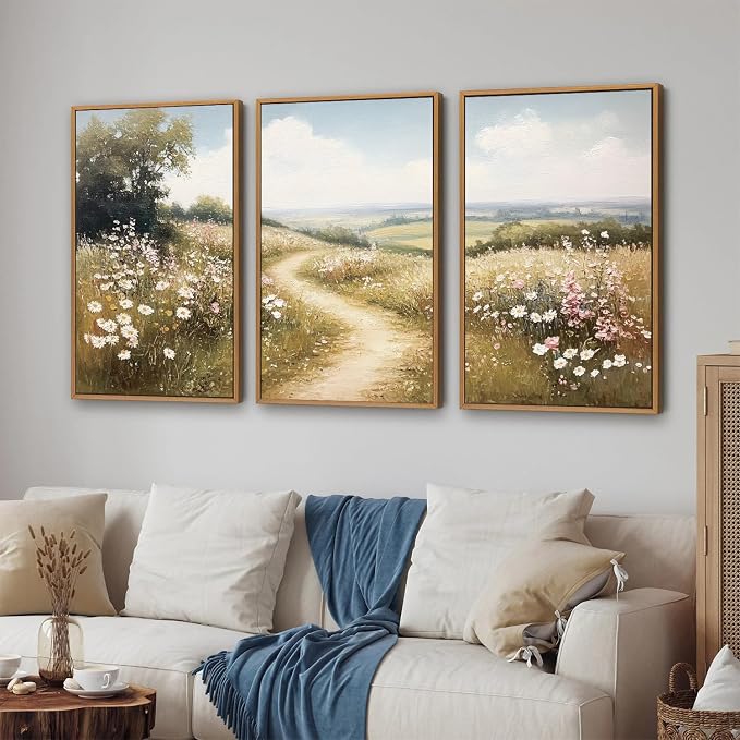 Rantodecor Rustic French Country Framed Canvas Wall Art, Vintage Flower Field Wall Decor, Calming Nature Landscape Art Paintings, Modern Wildflower Artwork for Farmhouse Bedroom Living Room 24"x36"x3