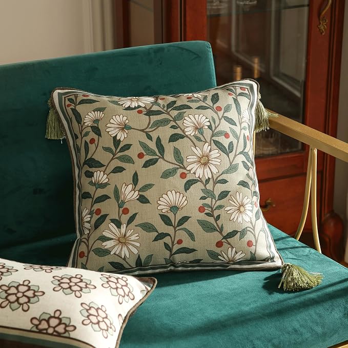 ISAENNE Designer Linen Square Throw Pillow Cover,Set of 2,18"x18"-Brune A | Vintage French Elegant Pillow Cover,Concealed Zipper Design,Floral Pattern,Sofa,Bedroom,Living Room,Lounge Chairs
