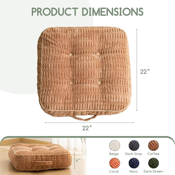 HIGOGOGO 6" Floor Pillow Cushion for Adults, Meditation Cushion Pillow, Blended Corduroy Cover, Large Square Floor Sitting for Tatami Living Room or Yoga, 22x22 Inch, Coffee
