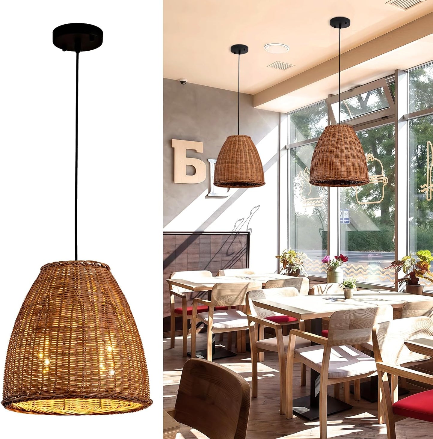 2-Light Dark Curry Rattan Pendant Light,13.77" Rustic Hanging Light,Brown Wicker Pendant Light Hand-Woven Rattan Chandelier for Public Place Dining Living Bedroom Kitchen Farmhouse