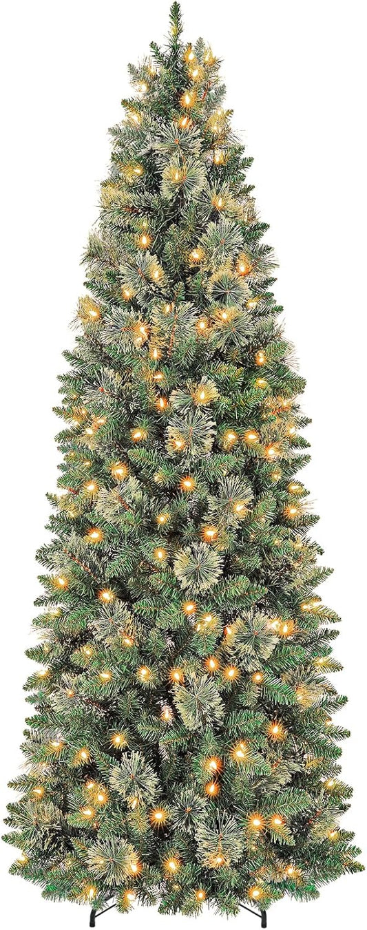 Hykolity 7.5ft Artificial Pre-lit Pencil Christmas Tree, Slim Christmas Tree with 300 Warm White LED Lights, 792 PVC Tips, Foldable Metal Stand and Hinged Branches