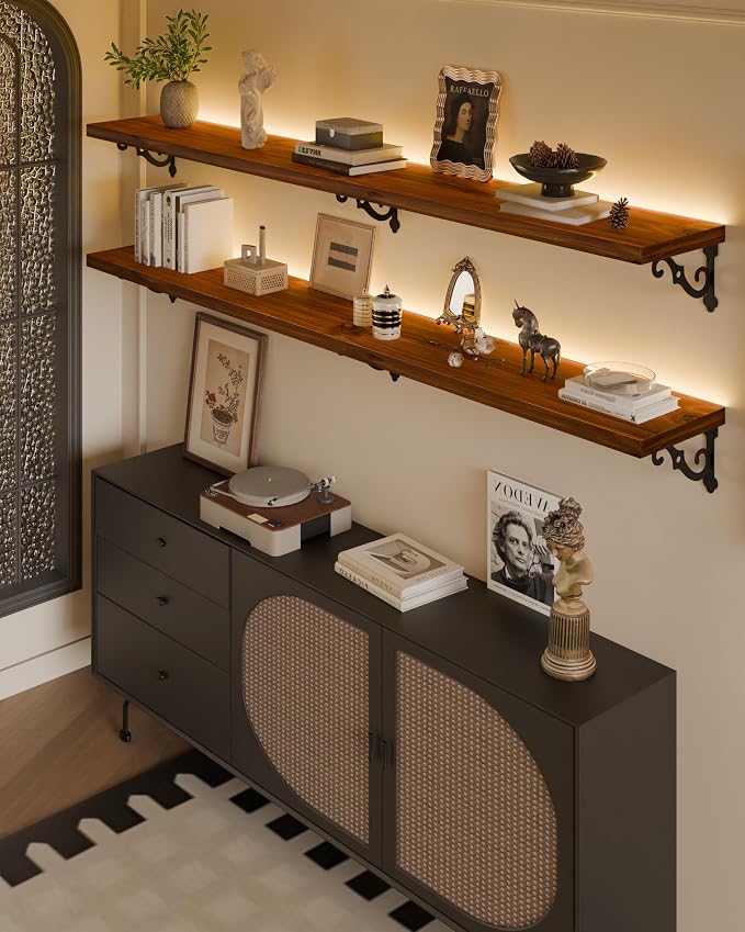 60 Inch 2 Tier Solid Wood Floating Shelves with LED Light, Metal Brackets | 60 inch solid pine shelves, 2 tier, warm LED light, walnut finish, metal brackets for books and decor