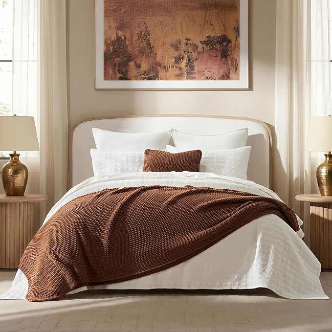 EverGrace Organic Cotton Chunky Knit Throw Blanket, 50 x 60 Terracotta | OCS Certified Organic Cotton, Seed Stitch Knit, Soft & Breathable, Cozy Midweight, Decorative Throw for Couch, Bed & Sofa