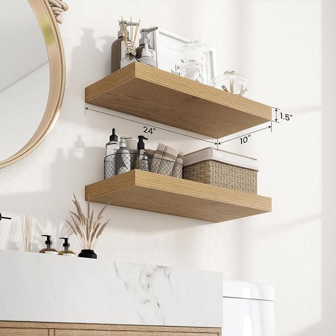 Axeman 24Inch Floating Shelves for Wall, 2 Pack Shelves for Bedroom, Bathroom, Kitchen, Hanging Wall Mounted Rustic Wood Shelf with Invisible Brackets for Books Decor, Oak