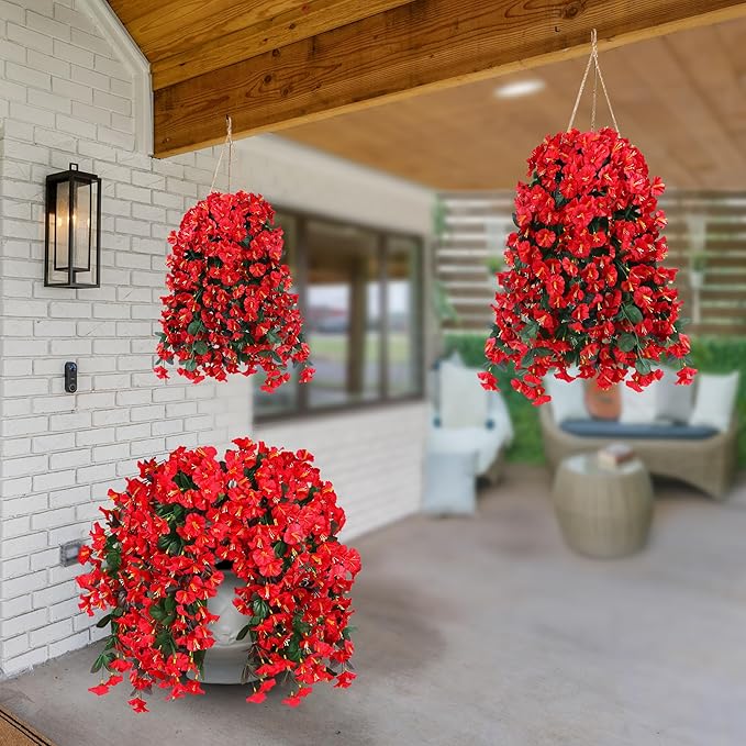 Sggvecsy Artificial Fake Hanging Flowers Plants for Outdoor Outside Spring Summer Decoration 4PCS Faux Silk UV Resistant Realistic Morning Glory Trailing Vines for Home Porch Patio Balcony(Red)