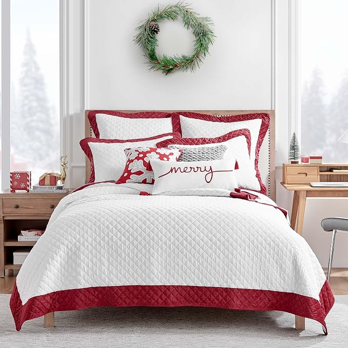 Levtex Home - All is Bright Quilt Set - King Quilt + Two King Pillow Shams - Velvet Border - Red and White - Quilt Size (106x92in.) and Pillow Sham Size (36x20in.) - Reversible - Cotton