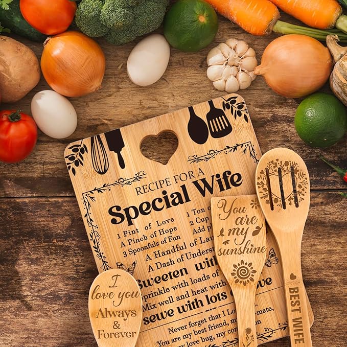 Mothers Day Gifts for Wife - "Recipe for a Special Wife" Birthday Gifts for Wife Cutting Board Set, Bamboo-Made Engraved Utensil Set Gifts for Wife
