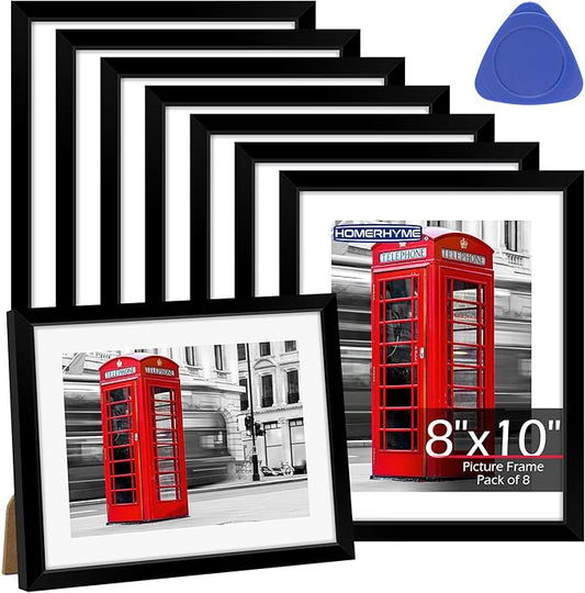 8x10 Picture Frame Set of 8, Black Photo Frames for Tabletop or Wall Display, Fits Pictures 5x7 with Mat or 8x10 Without, Frame Collage with HD Plexiglass for Home Wall Decor, with Gadget