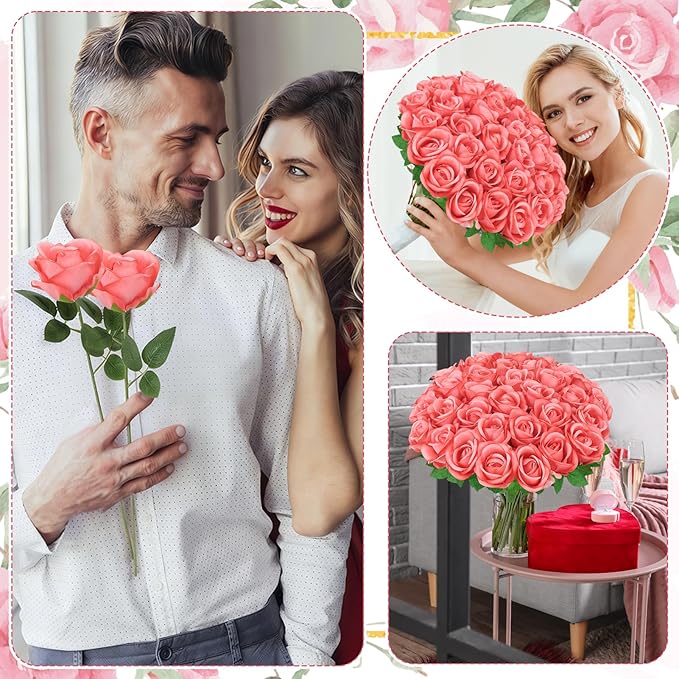36 Pcs Deep Pink Artificial Roses with Long Stems, Fake Silk Rose Artificial Flowers Bulk for Bridal Wedding Bouquet Centerpiece Ball Arrangement Party Decor