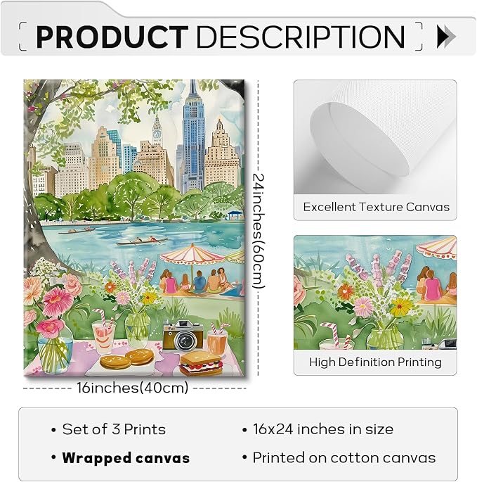 SYYANKK Watercolor New York City Wall Art NYC Canvas Poster Travel Wall Decor NYC Painting Central Park Picture New York Landmarks Artwork for Bedroom Living Room 16x24x3 Inch Ready to Hang