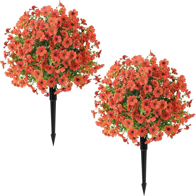 Alupssuc 2Pcs 20" Artificial Topiary Ball Flowers for Outdoors Planters, Spring Decoration with Spike, UV Resistant Faux Summer Plants, Fake Bushes Indoor Decor, Orange for Garden, Porch & Patio