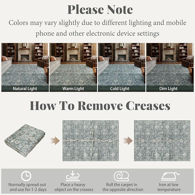 Washable Rugs for Living Room: 6x9 Area Rugs for Bedroom Ultra Soft Non-Slip Stain Resistant Vintage Boho Large Carpet for High-Traffic Dining Room - Farmhouse Decor