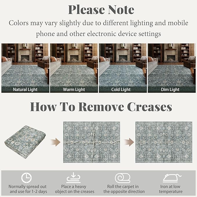 Washable Rugs for Living Room: 9x12 Area Rugs for Bedroom Ultra Soft Non-Slip Stain Resistant Vintage Boho Large Carpet for High-Traffic Dining Room - Farmhouse Decor