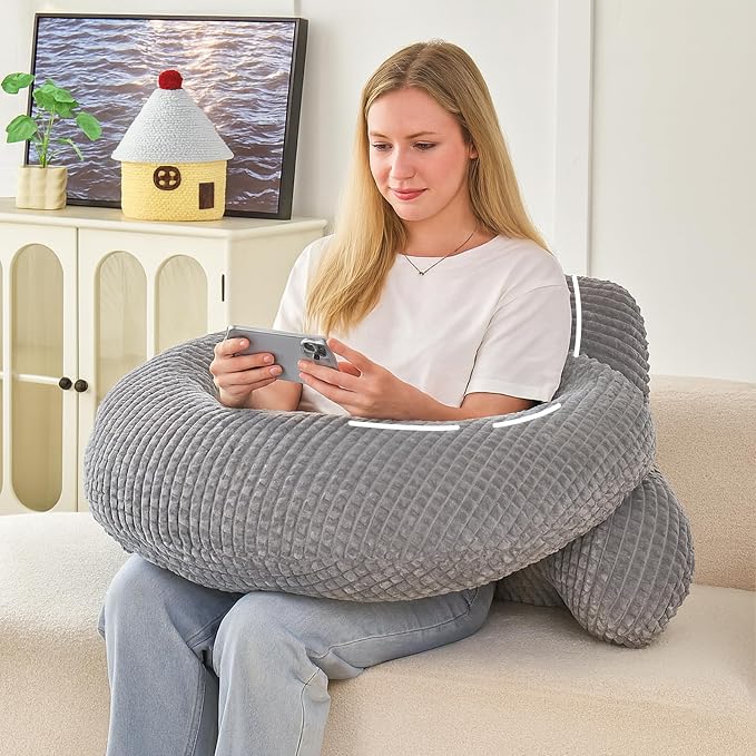 17" Reading Pillow for Bed,U Shaped Arm & Elbow Support,Gray Flannel | Backrest Supports Back,U shaped Lap Pillow Cushions Arms,Elbows & Wrists,Soft Flannel for Reading,Gaming,Watching TV
