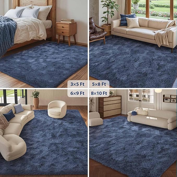 FinRèc Dark Blue Rug for Bedroom Living Room, 5x8 Feet High Pile Plush Area Rug, Non-Slip Soft Fluffy Carpet for Nursery Kids Room Dorm Room Home Decor, Indoor Fuzzy Floor Rugs