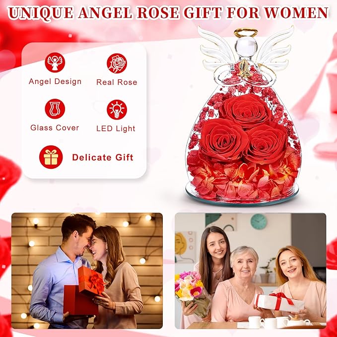 Beferr Mothers Day Mom Birthday Gifts for Women, Fresh Flowers for Delivery Forever Preserved Rose in Glass Angel Figurine, Anniversary Christian Real Rose for Grandma Nana Wife Mum from Daughter Son
