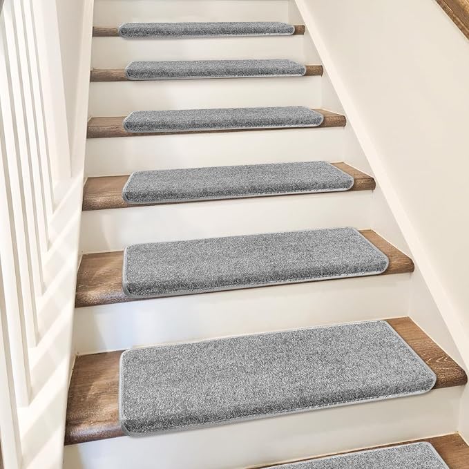 PURE ERA Bullnose Carpet Stair Treads Set Tape Free Non-Slip Indoor Stair Protectors Pet Friendly Rugs Covers Soft Skid Resistant Washable Reusable 9.5" x 30"(14 Pieces,Light Gray)