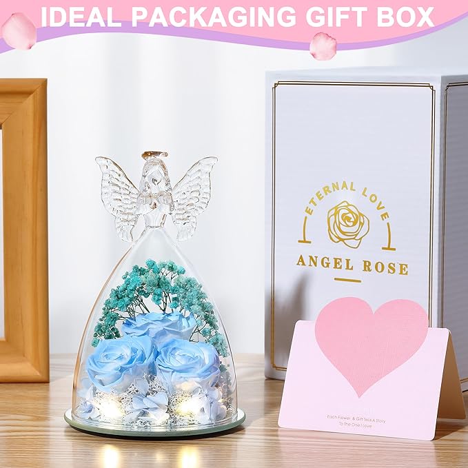 Mothers Day Rose Gifts for Women Preserved Real Flower in Glass Angel Figurines Roses for Delivery Prime Birthday Gifts for Mom Grandma Girlfriend Wife Her, Sky Blue White