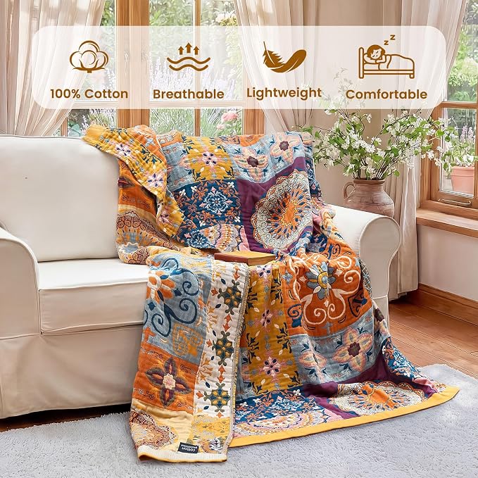 MSGKV Boho Throw Blanket for Bed 90"x90" 100% Cotton Blanket Summer Breathable Lightweight Queen Size Blankets Home Decor Muslin All Seasons