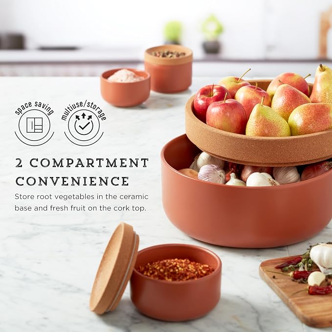 Kamenstein Ceramic and Cork Large Breathable Produce Bowl with Lid, Nautral Cork and Terra Cotta Ceramic, 11 x 11 x 6 Inch