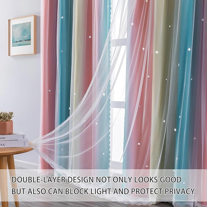 XiDi 90 Inches Curtains for Girls Bedroom 2 Panels Set, Blackout Rainbow Curtains for Kids Room Decor, Unicorn Wall Decals Drapes for Little Girl Nursery Room Pink Blue Yellow 34 Inches Wide