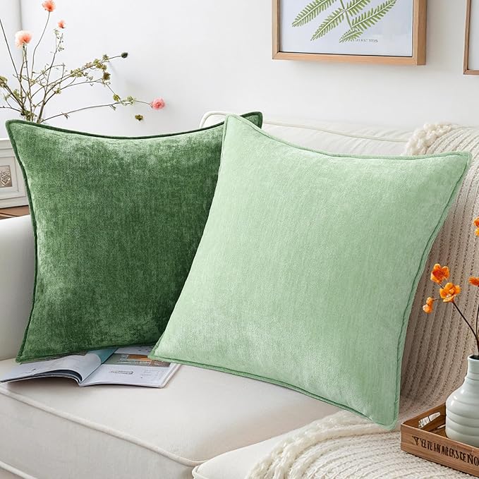 decorUhome Summer Couch Euro Sham Throw Pillow Covers 24x24 Set of 2, Decorative Soft Velvet Modern Cozy Chenille Pillow Cases with Elegant Design for Sofa Bed Living Room Home Decor, Sage Green