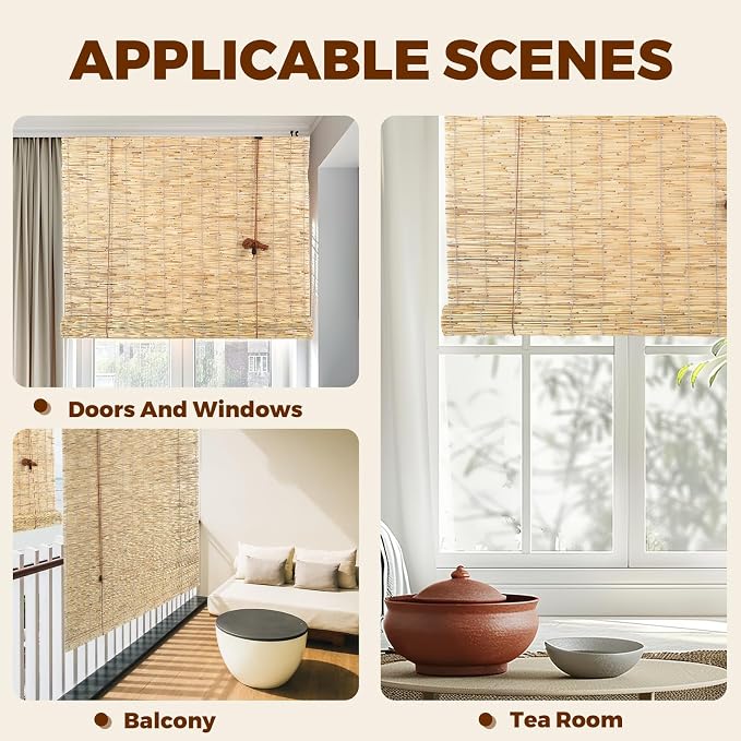 Reed Roller Blinds Shades, Vertical Lifting and Breathable Waterproof Design, Sun Shade and Ventilation, Easy Installation,35" Wx72 H