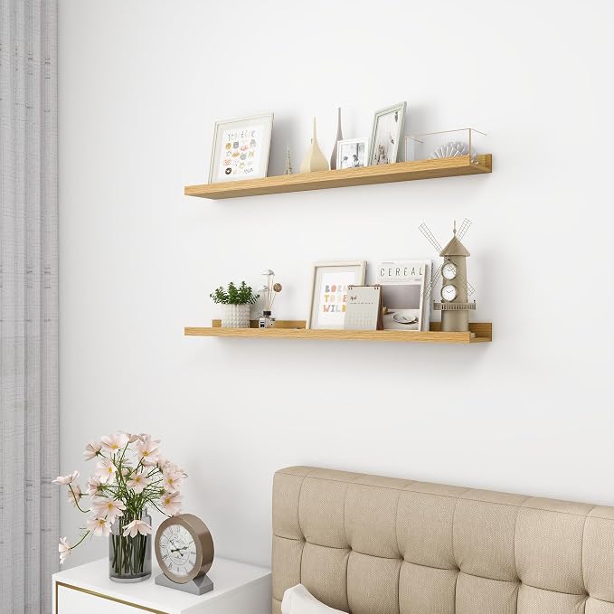 36 inch Picture Ledge Shelf, Wood Floating Shelves, Color Oak, Set of 2 | Photo Ledge, Wall Mounted, For Nursery Book Living Room Kids' Room Bedroom