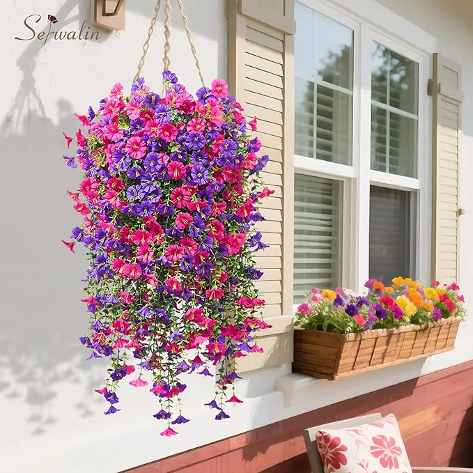 Serwalin Artificial Hanging Flowers for Outdoors Decoration, 8PCS UV Realistic Resistant Fake Silk Artificial Plants Outdoor for Porch Patio Balcony Indoor Planter Yard Decor (Purple&Rose Pink,8PCS)