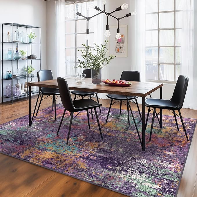 RELEANY Washable Area Rugs 6'x8' Non-Slip Modern Abstract Soft for Living Room Entryway Bedroom Nursery, Print Pattern, Purple Orange Blue Green Rust Red Colorful