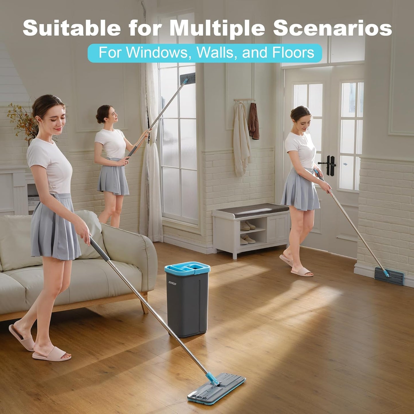 JOYMOOP Mop and Bucket Set with Wringer, with 3 Reusable Microfiber Mop Pads, Mops for Floor Cleaning and Wall Cleaning, Hands-Free Flat Mop for Home Use - Grey+Cyan Blue