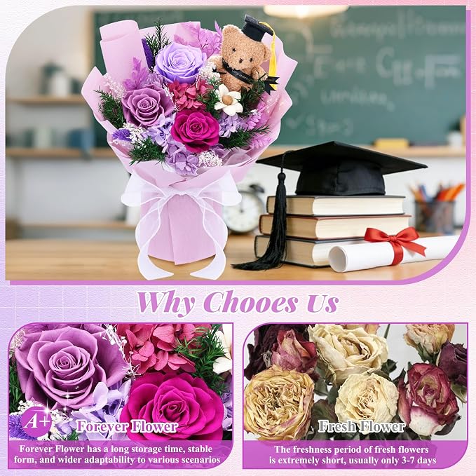 “So Proud of You”Preserved Purple Bouquet with Graduation Bear in Cap Gown | Real Eternal Flowers with Vase