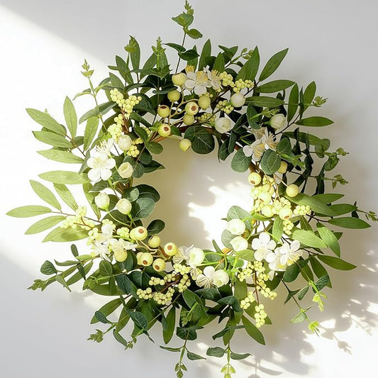 20 Inch Summer Wreaths for Front Door, Spring Summer Eucalyptus Wreath - White Berry Artificial Floral for Front Door, Porch, Home Decor, Farmhouse Wall Window Decorations