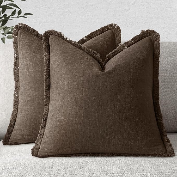 MIULEE Decorative Throw Pillow Covers Neutral Linen Fringe Throw Pillows Euro Shams Set of 2 Chocolate Brown Boho Farmhouse Cushion Covers for Couch Sofa Bed Living Room Fall Home Decor 22x22 Inch
